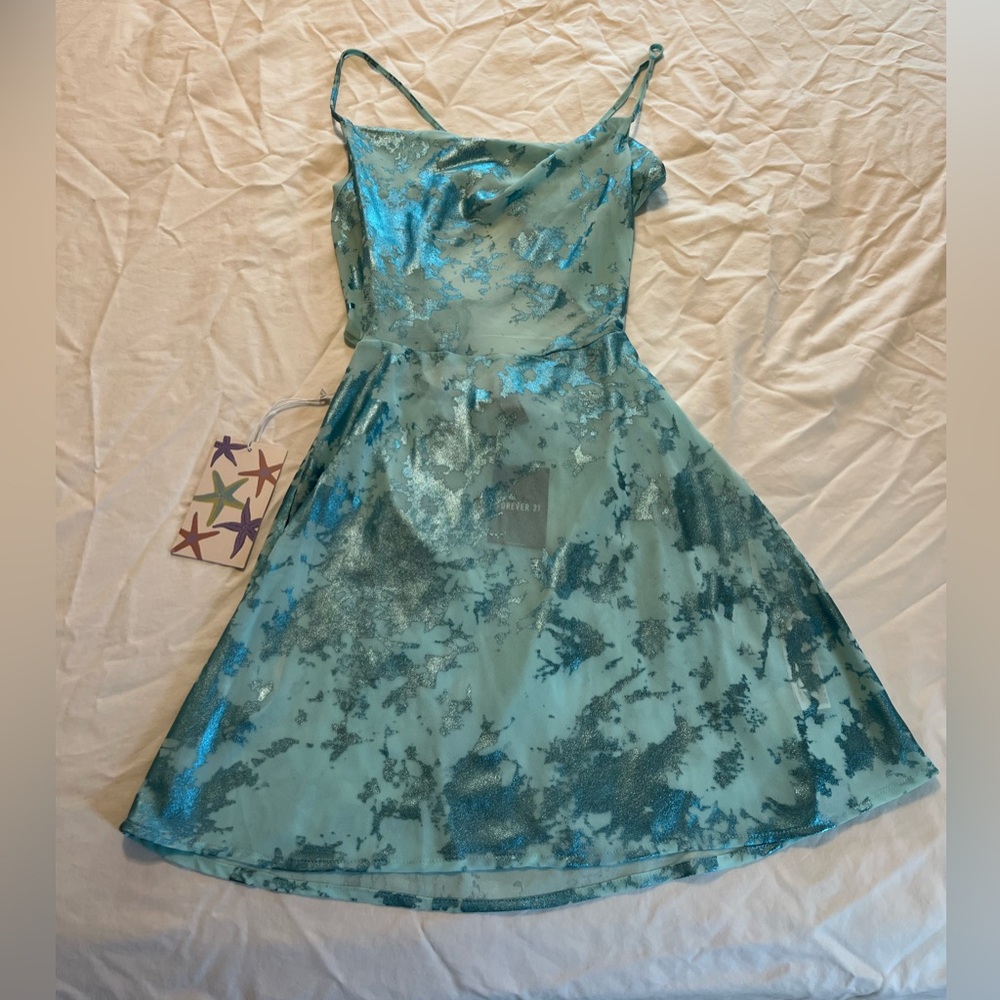 NWT Forever 21 Metallic Blue Spaghetti Strap Mini Dress